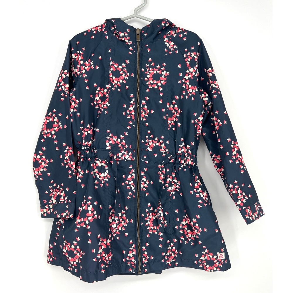 French Connection Kids Girls‎ 5/6 Navy Blue Heart Print Hooded Spring Jacket GUC